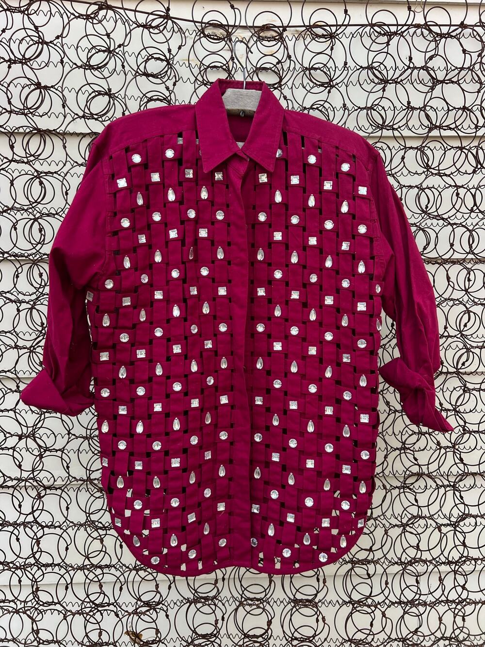 VTG 90s Yak Magik Lattice Woven Bling Shirt Jacket Maroon Womens MEDIUM Cotton